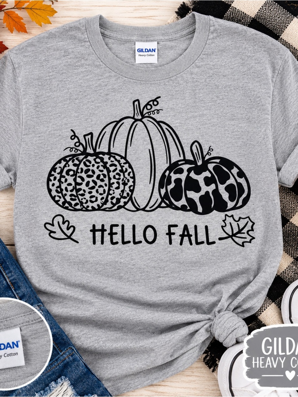 Gildan Gray Hello Fall Pumpkin Graphic Crewneck